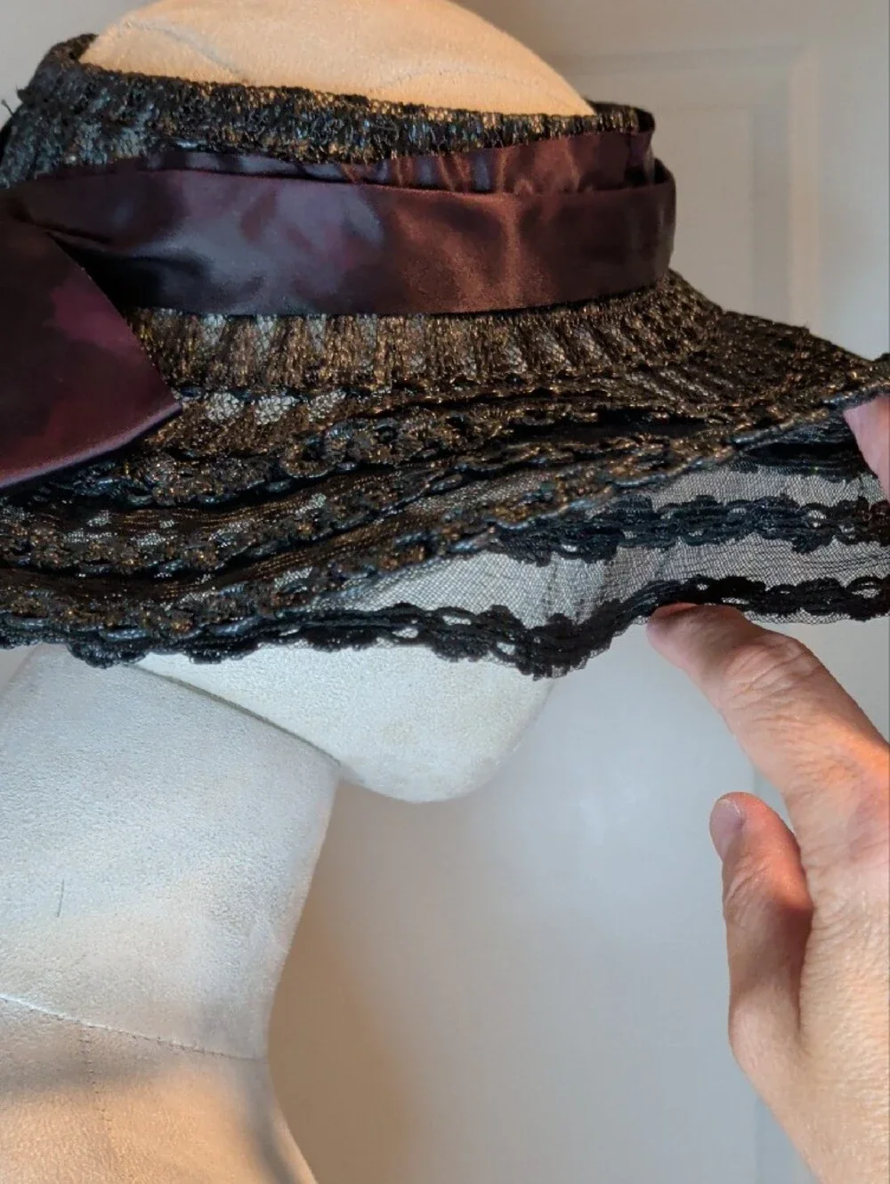 Vintage 50s Evelyn Varon Wide Brim Black Straw Hat Open Crown Satin Bow
